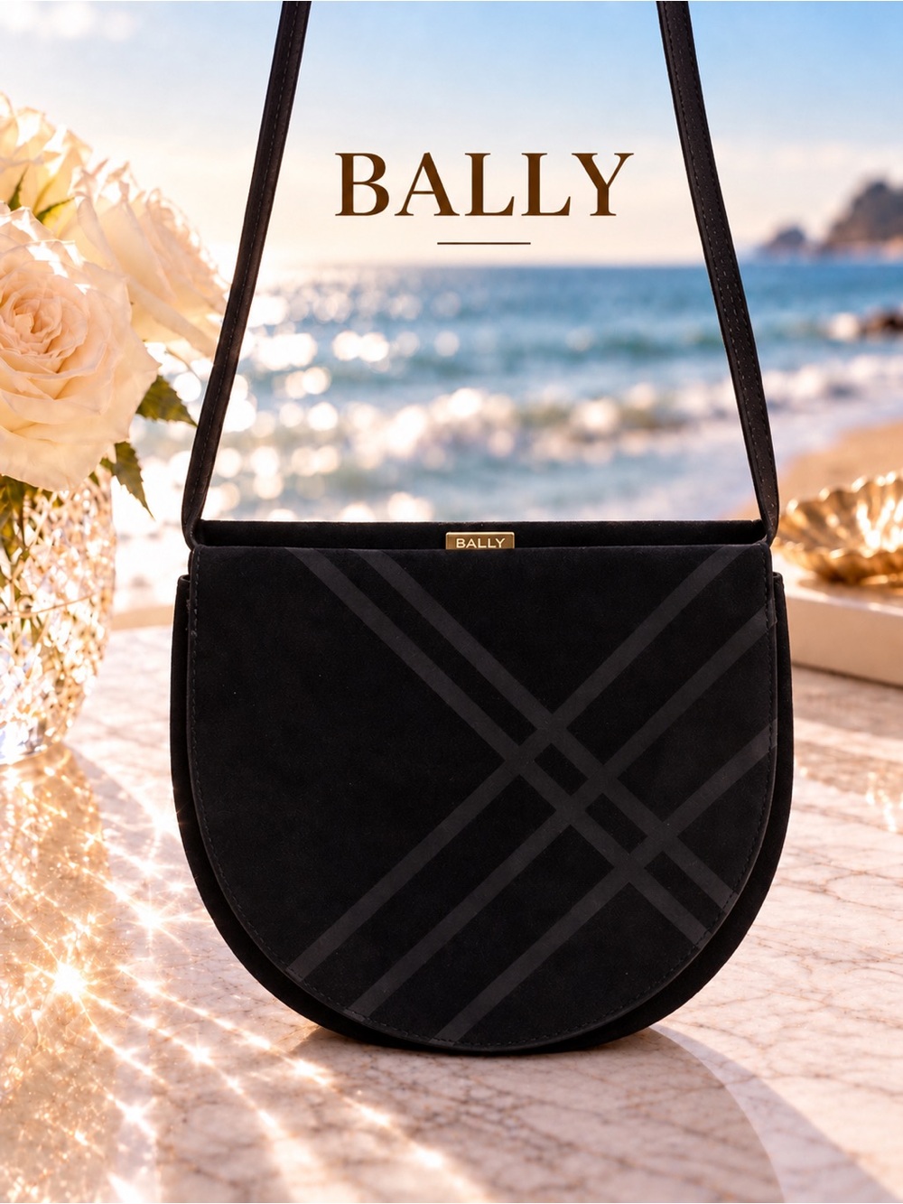 Vintage Bally Black Suede Tonal Stripe Half Moon Crossbody Bag